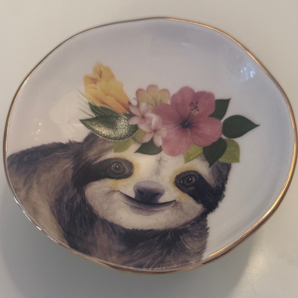 Decorative Trinket Dish with cute Sloth and Floral Design